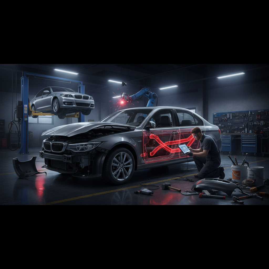 Damaged car with bent frame, misaligned hood and doors in auto body repair garage, showing need for professional body work