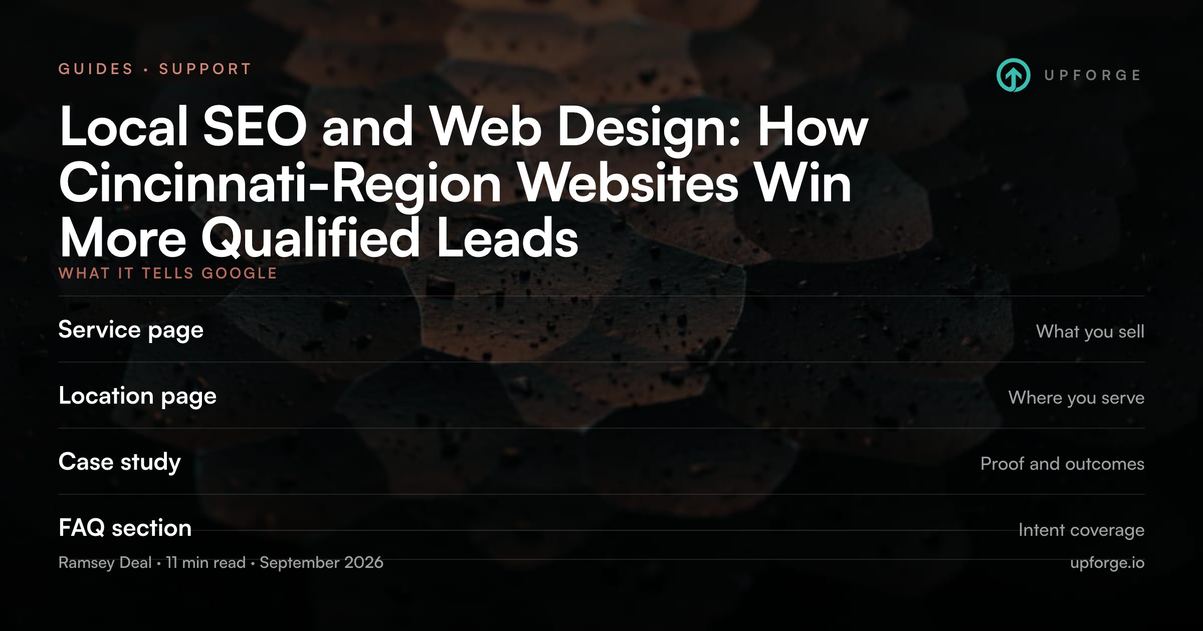 What it tells Google. Service page: What you sell. Location page: Where you serve. Case study: Proof and outcomes. FAQ section: Intent coverage. From the Upforge article "Local SEO and Web Design: How Cincinnati-Region Websites Win More Qualified Leads".