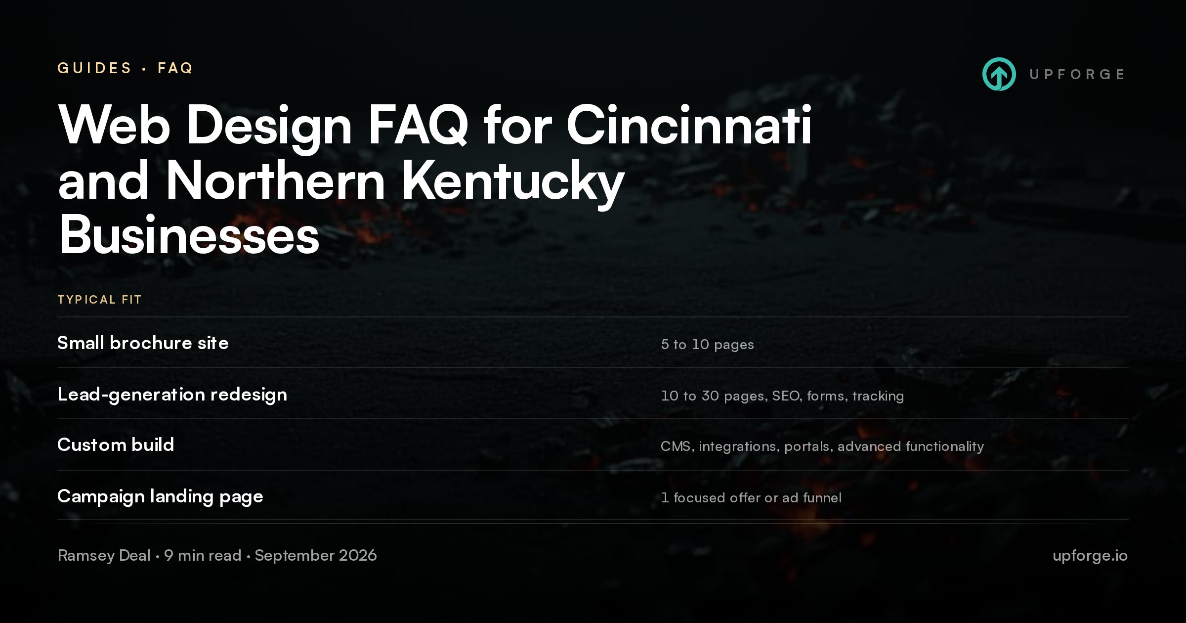 Typical fit. Small brochure site: 5 to 10 pages. Lead-generation redesign: 10 to 30 pages, SEO, forms, tracking. Custom build: CMS, integrations, portals, advanced functionality. Campaign landing page: 1 focused offer or ad funnel. From Upforge article "Web Design FAQ for Cincinnati and Northern Kentucky Businesses".