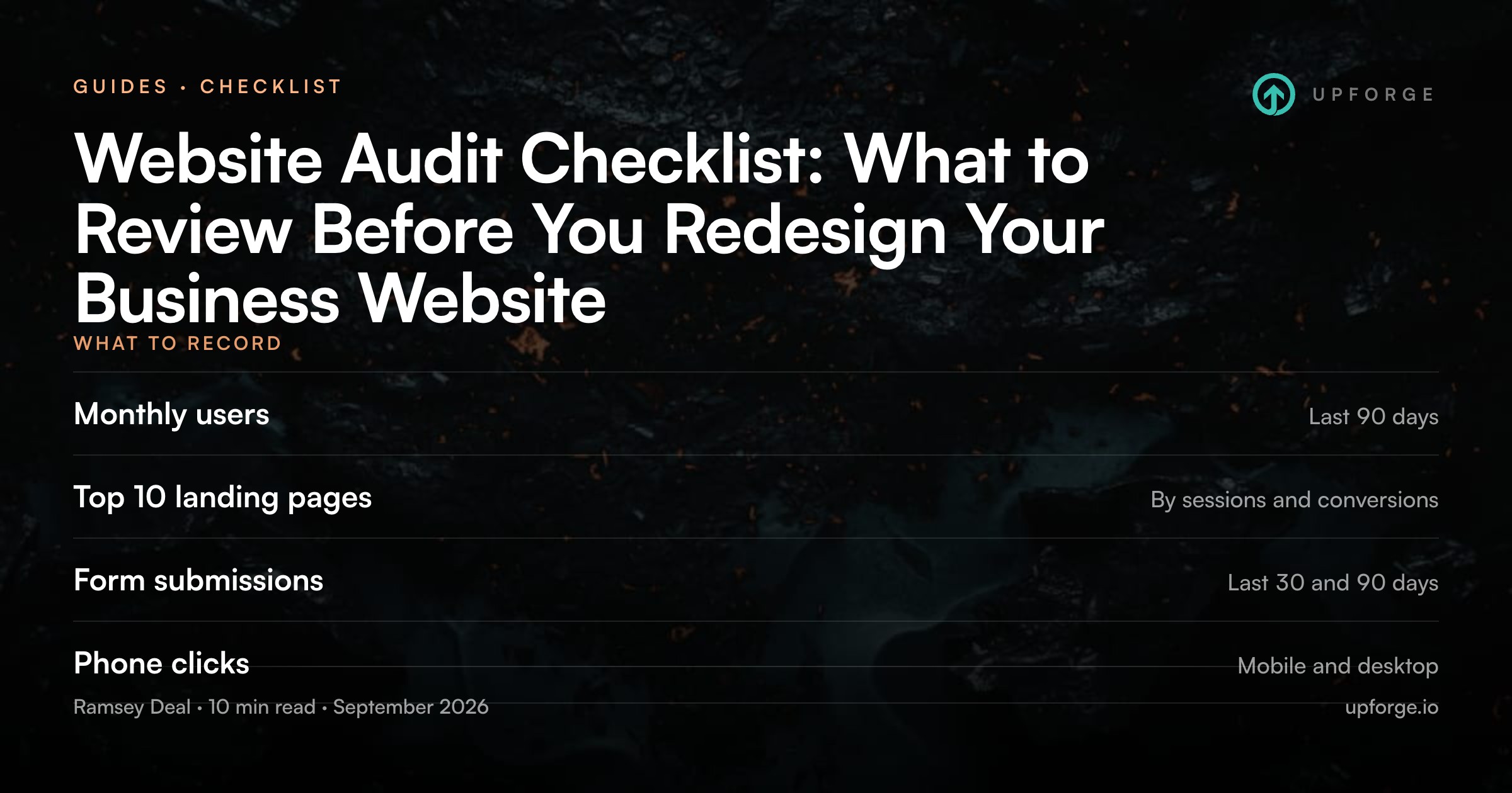 What to record. Monthly users: Last 90 days. Top 10 landing pages: By sessions and conversions. Form submissions: Last 30 and 90 days. Phone clicks: Mobile and desktop. From the Upforge article "Website Audit Checklist: What to Review Before You Redesign Your Business Website".