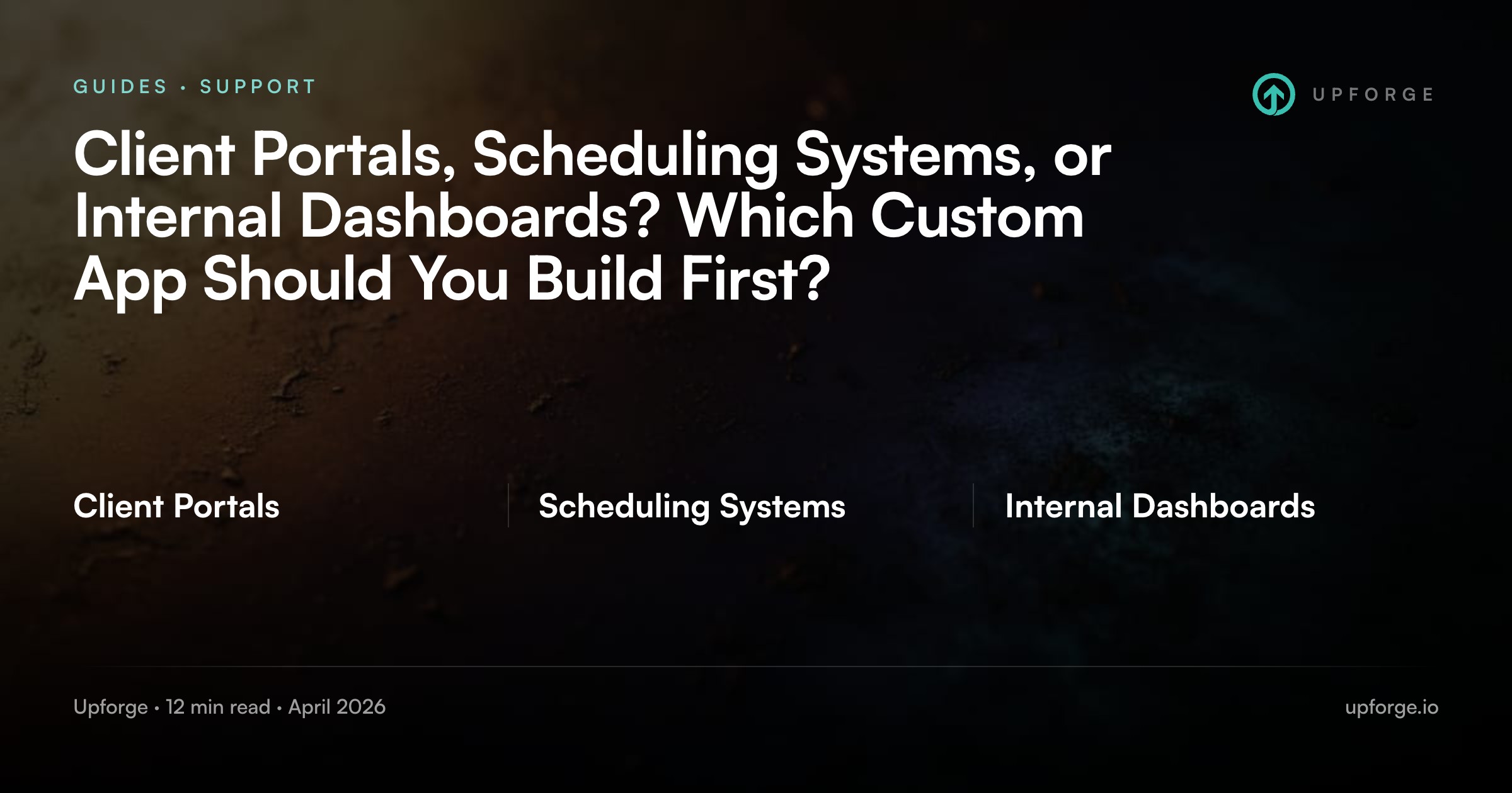 Client Portals, Scheduling Systems, Internal Dashboards compared. From the Upforge article "Client Portals, Scheduling Systems, or Internal Dashboards? Which Custom App Should You Build First?".