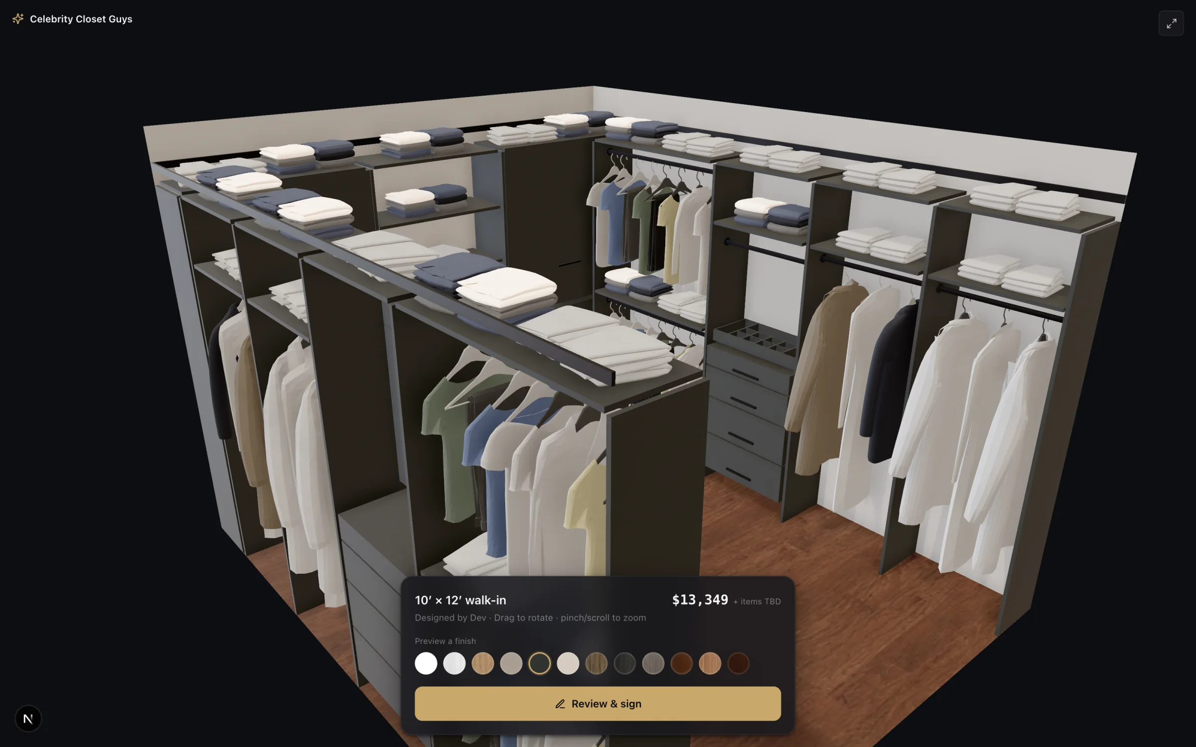 The Celebrity Closet Guys client walkthrough: a 3D his-and-hers walk-in closet the customer can orbit, with live pricing, finish swatches and a sign-and-deposit button.