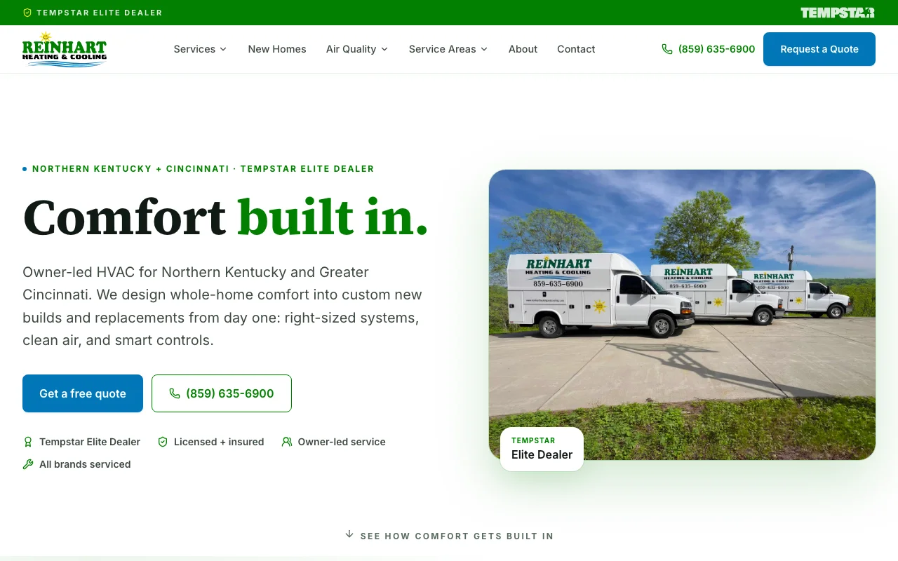 Reinhart Heating + Cooling website showcase