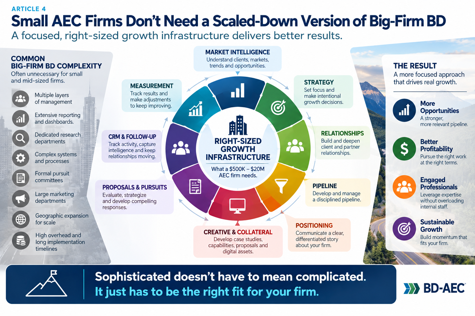 Illustrated BD-AEC diagram for Small AEC Firms Don’t Need a Scaled-Down Version of Big-Firm Business Development