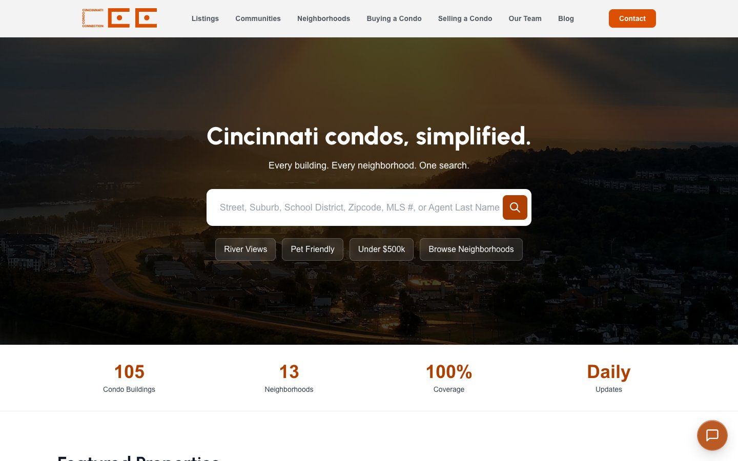 Cincinnati Condo Connection's home page: “Cincinnati condos, simplified.” above one search for every building and neighborhood, with counts of 105 condo buildings and 13 neighborhoods